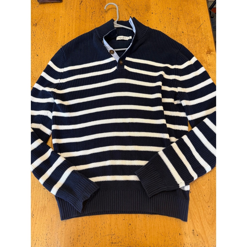 Collars & Co. Stripe XL Navy White Cotton Mock Neck Button Sweater Mens